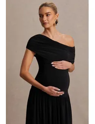 Noah | Black Asymmetric-Neck Maternity Maxi Dress With Drop-Waist - 5