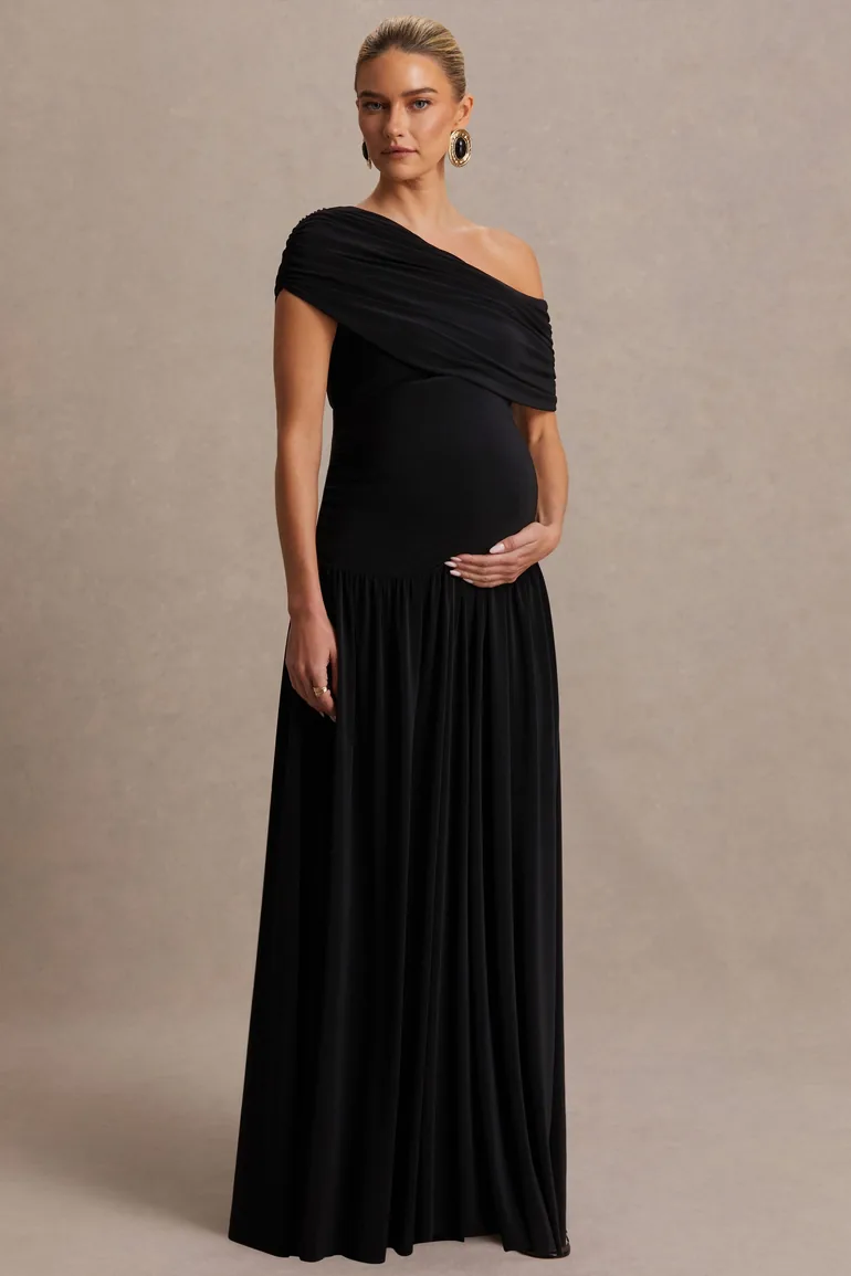 Noah | Black Asymmetric-Neck Maternity Maxi Dress With Drop-Waist - 4
