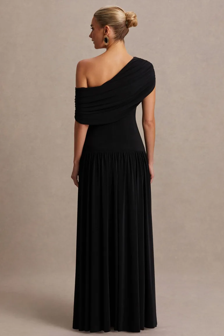 Noah | Black Asymmetric-Neck Maternity Maxi Dress With Drop-Waist - 1