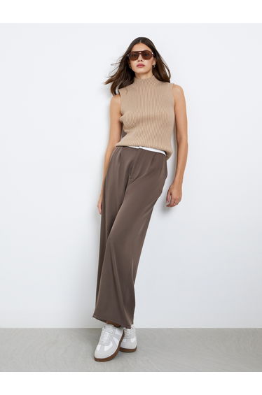 Beige Ribbed Mock Neck Sweater