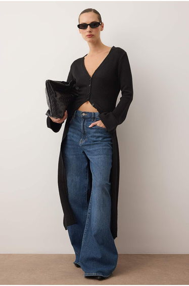 Black soft textured v-neck cardigan/dress dual-use knit cardigan