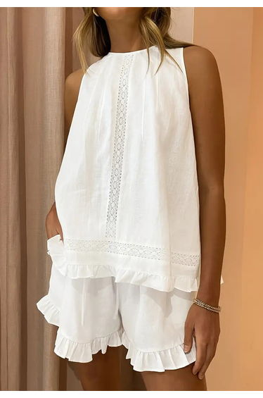 Lace Insert Ruffled Hem Sleeveless Top and Shorts Set for Beach Vacations & Garden Gatherings