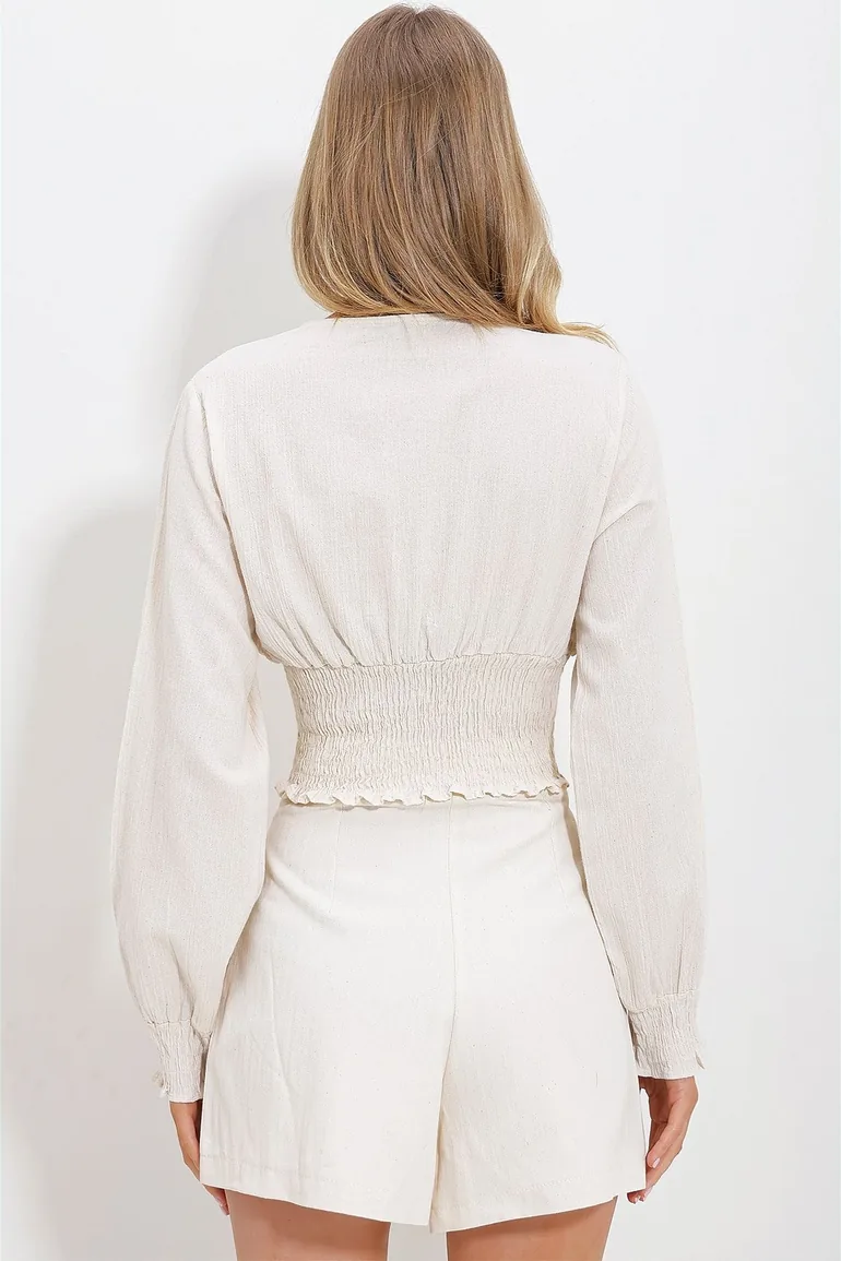 Women's Beige V Neck Waist Gimped And Buttoned Raw Linen Crop Blouse - 5