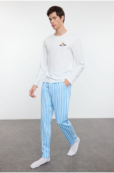 Men's Ecru Regular Fit Striped Couple Knitted Pajama Set