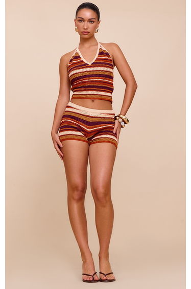 Multi Stripe Crochet Halter Neck Top
