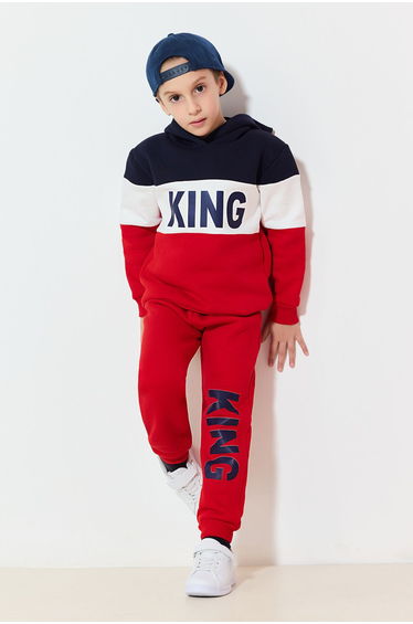 Red Boy Slogan Printed Hooded Knitted Top-Bottom Set
