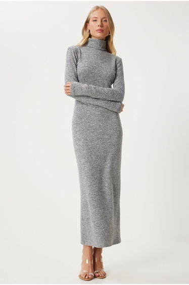 Women's Gray Backless Turtleneck Knitted Dress