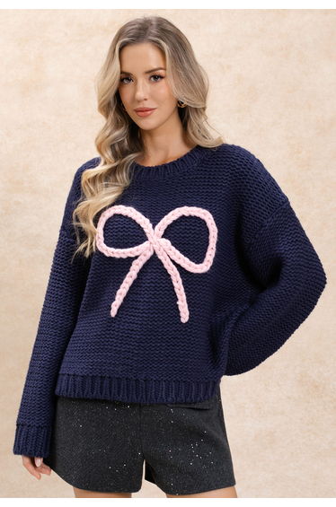 Braided Bowknot Hand Knit Sweater in Navy