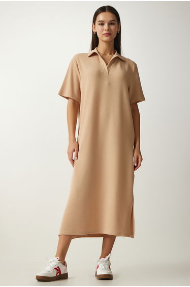 Women's Beige Polo Neck Knitted Ribbed Dress