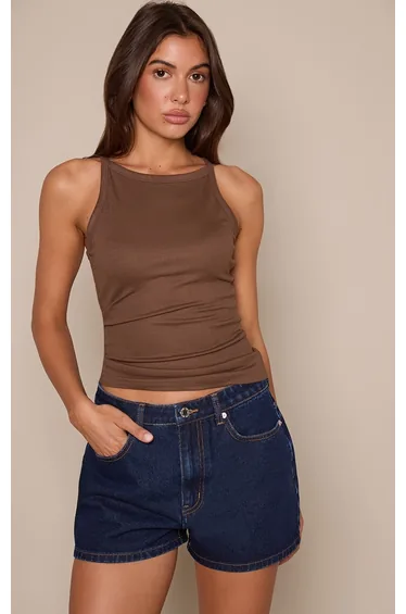 Chocolate Soft Rib Straight Neck Detail Vest Top