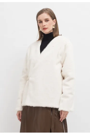Faux Fur Metallic Buckle Wrap Coat in Cream