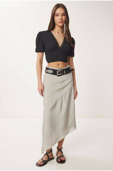 Women's Black Balloon Sleeve Crop Knitted Blouse