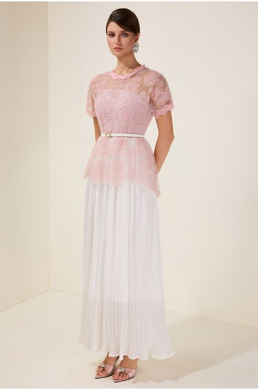Lace Splicing Pleated Midi Dress With Belt