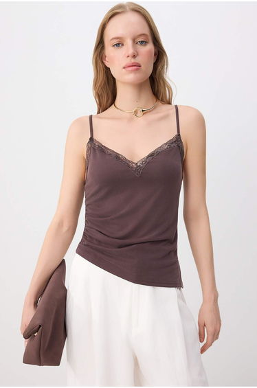 Dark Brown Fitted Lace Detailed Thin Strap Modal Stretch Knitted Blouse