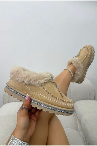 Lemonade Crystal Faux Fur Lined Tazgirl Outdoor Slippers Nude