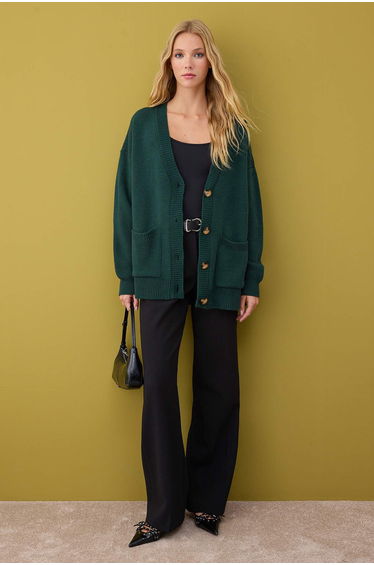Duck Head Green Wide Pattern Basic Knitwear Cardigan