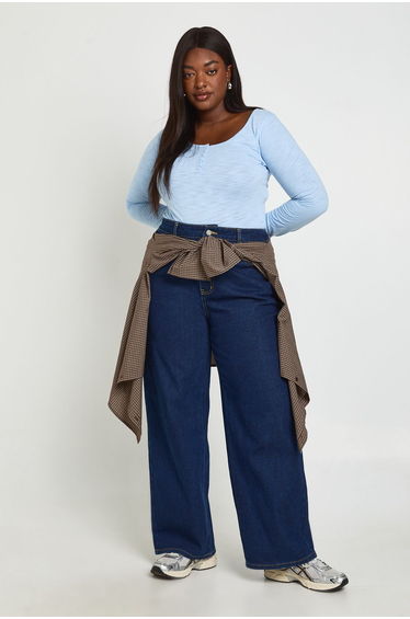 Plus Sheer Slub Button Down Scoop Neck Long Sleeve Top - baby blue