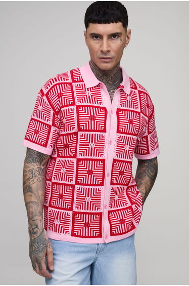 Tall Relaxed Crochet Tapestry Knitted Shirt - pink