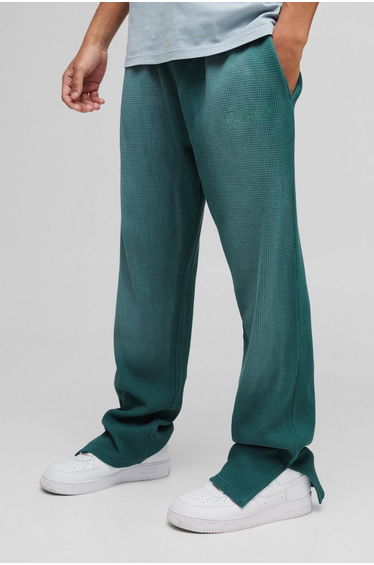 Regular Fit Spray Wash Heavy Waffle Embroidered Split Hem Jogger - khaki