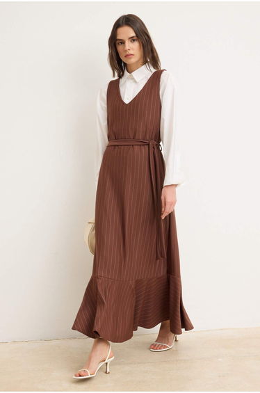 Brown Unlined Striped Woven Dress&Jumpsuit Poly Viscose Hijab Dress