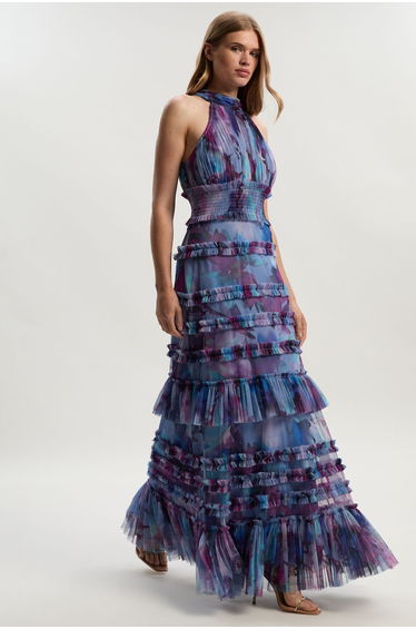 Tulle Layered Halter Neck Maxi Dress