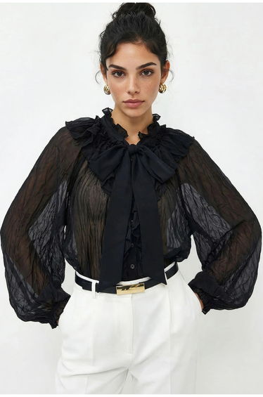LUCCI Button-Up Crepe Blouse with Bow Detail