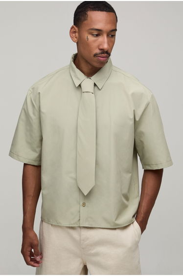 Oversized Boxy Half Sleeve Shirt and Tie - sage