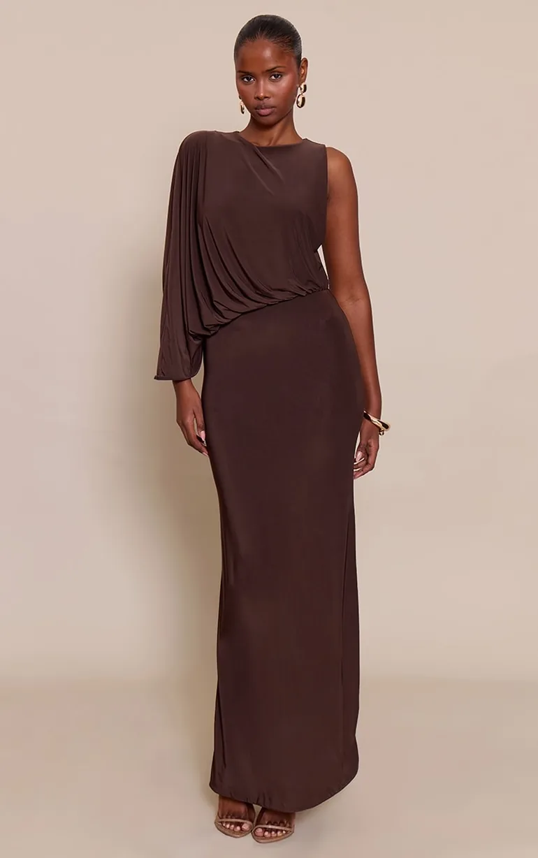 slinky asymmetric dress PrettyLittleThing Women's Double Layer Slinky Asymmetric Cut Out Drape Maxi Dress in Cream