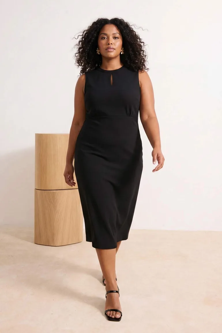 plus size black pencil dress Notchy Pencil Front Slit Shapewear Dress - Black
