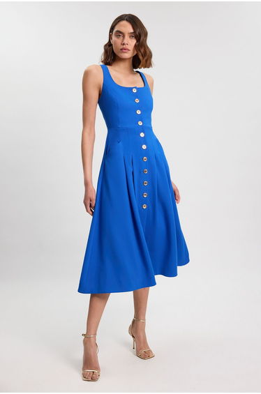 Tailored Textured Button Though Strappy Full Midi Dress