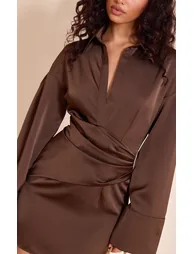 Chocolate Brown Premium Satin Bell Sleeve Shirt Dress - 3