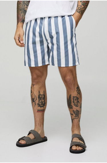 Wide Stripe Print Mid Length Swim Short - charcoal