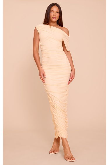 Tall Almond Mesh Overlay One Shoulder Ruched Maxi Dress