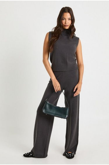Split Neck Collar Super Soft Knitted Tank and Straight Leg Trouser Co-Ord - charcoal
