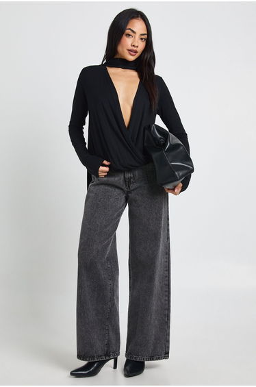 Plunge Wrap Long Sleeve Top With Scarf - black