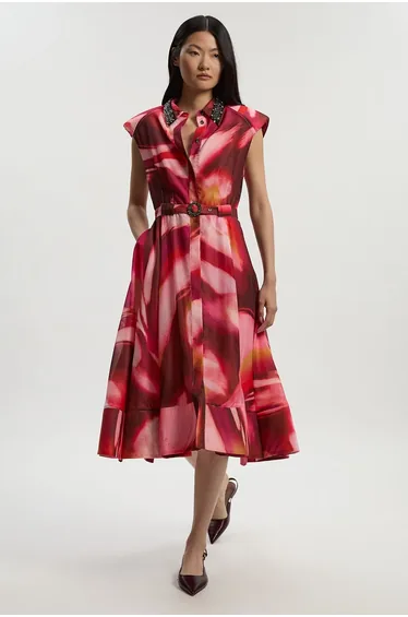 فستان قميص قطن شفاف بحزام مزين بأحجار كريستال