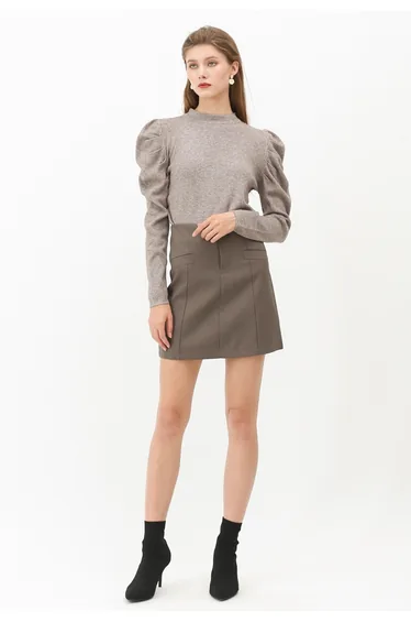 Mock Neck Bubble Sleeves Knit Top in Taupe