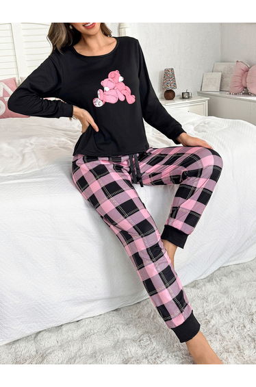 Black Bear Print T-Shirt and Checked Pyjama Set