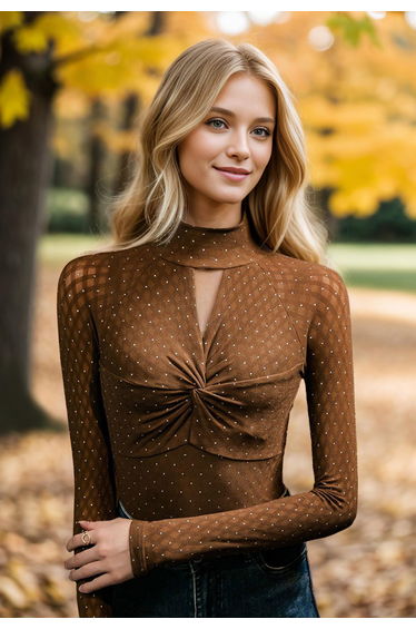 Shimmer Dotted Twist Front Cutout Mock Neck Top in Caramel