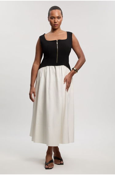 Plus Size Compact Stretch Cotton Mix Tailored Full Skirted Midi Dress