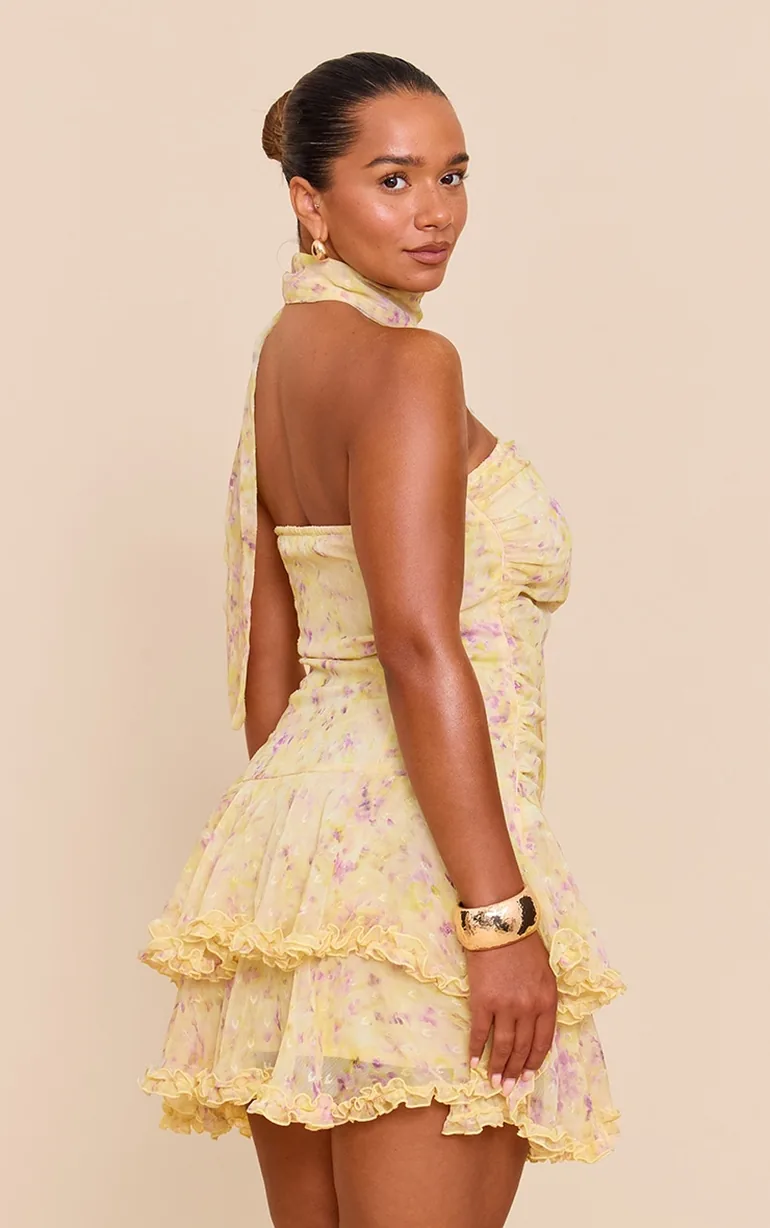 pastel yellow chiffon ditsy floral print tiered frill maxi dress Pastel Yellow Chiffon Ditsy Floral Print Tiered Frill Maxi Dress