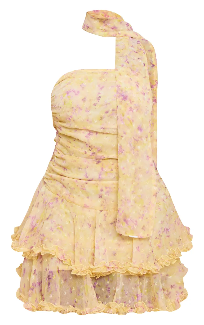 pastel yellow chiffon ditsy floral print tiered frill maxi dress Yellow PrettyLittleThing Chiffon Ditsy Floral Print Tiered Frill Maxi Dress