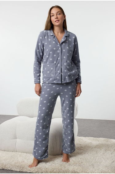 Blue Printed Fleece Knitted Pajama Set