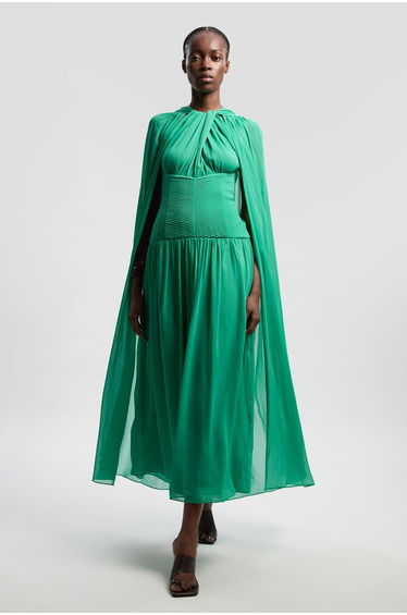 Halter Neck Twist Crinkle Georgette Cape Woven Dress