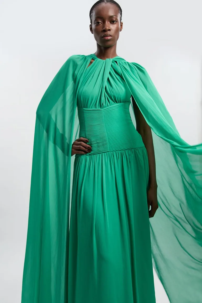 Halter Neck Twist Crinkle Georgette Cape Woven Dress - 2