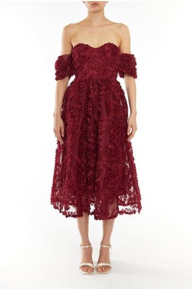 Amelia Burgundy Bardot Bust Cup Midi Dress