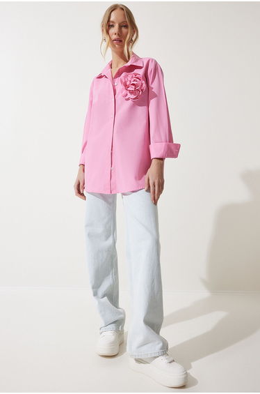 Women's Pink Premium Flower Brooch Detailed Shirt
