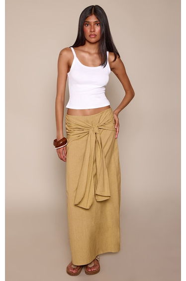 Olive Cotton Linen Blend Wrap Detail Maxi Skirt