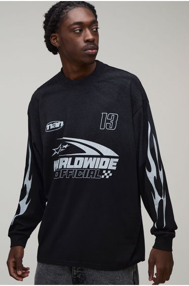 Black Oversized Car Racing Print Spray Wash Long Sleeve T-Shirt - black
