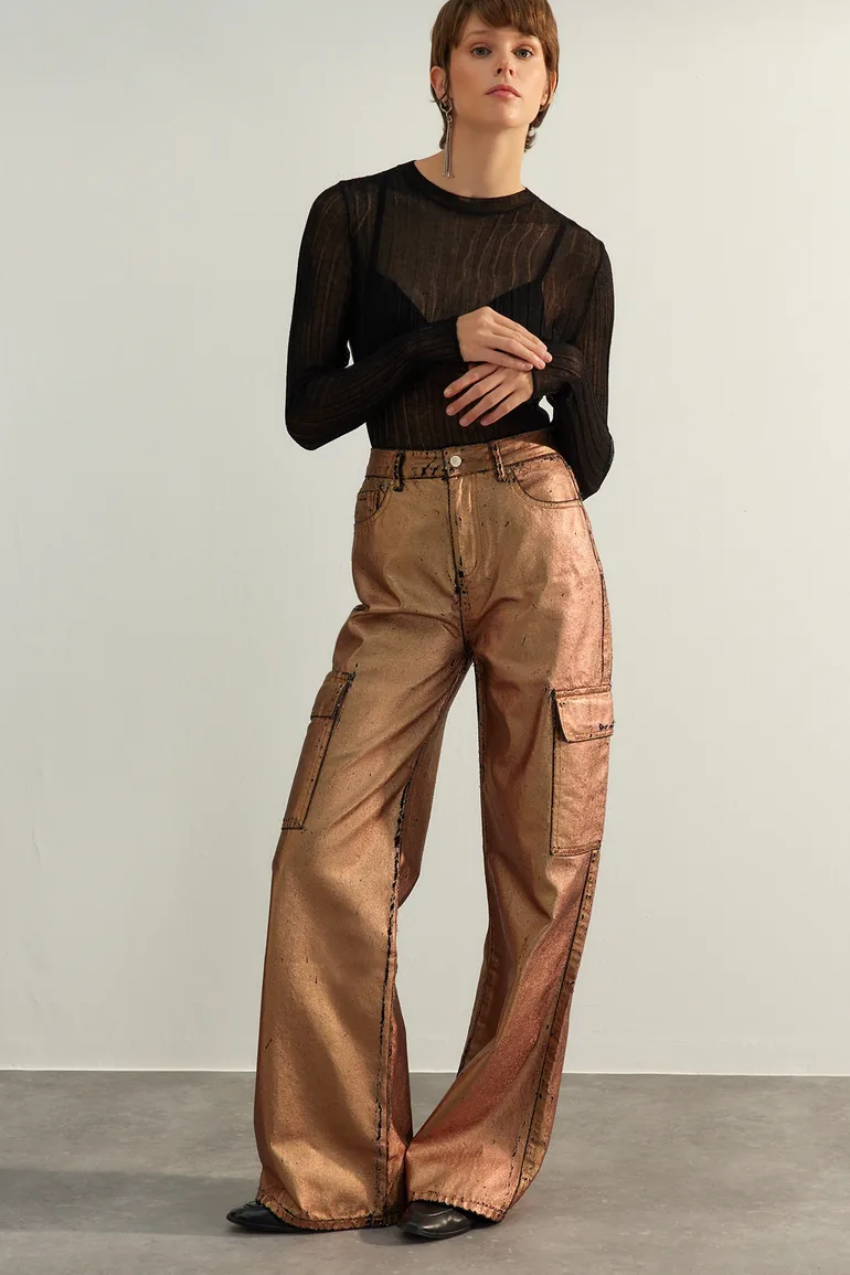 Limited Edition Bronze Wide Leg Shiny Printed Jeans - 4